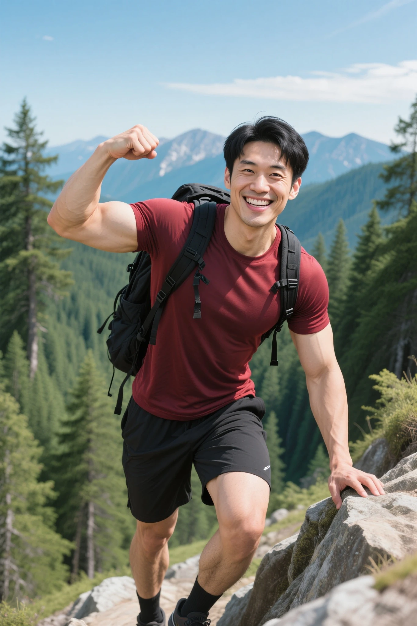 Hyper realistik 3D a young man Korea, ideal sispek body, doing push up with 1 hand on the floor with a laughing expression towards the camera wide camera shot, UHD, 18K, minimalist white background and montain