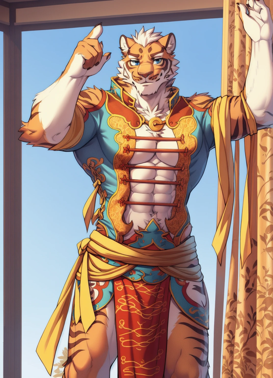 1 man, muscular, furry, gay, young, 20 years old, sexy, chinese traditional sexy dress, hole in his chest, big chest, plump big juicy butt, teasing, flexing his chest, holding a red fan, tattoo, sexy pose, red carpet, Chinese architecture, blushing hard, smiling, surrounded by handsome old men, beautiful, man only, hd resolution, detailed face, slim body, furry shawl over the shoulders down to the hands, traditional chinese earrings.