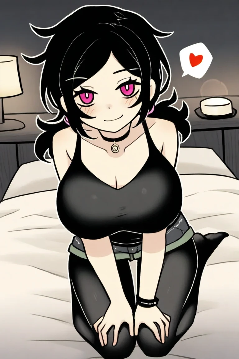 masterpiece, highres, ashleygraves, 1girl, solo, wide open eyes, pink eyes low ponytail, black hair, middle hair, white outline, monochrome, detailed gigantic breasts, choker, on the couch, presenting, huge ass, teasing, jitome, open mouth, tongue out, looking at viewer