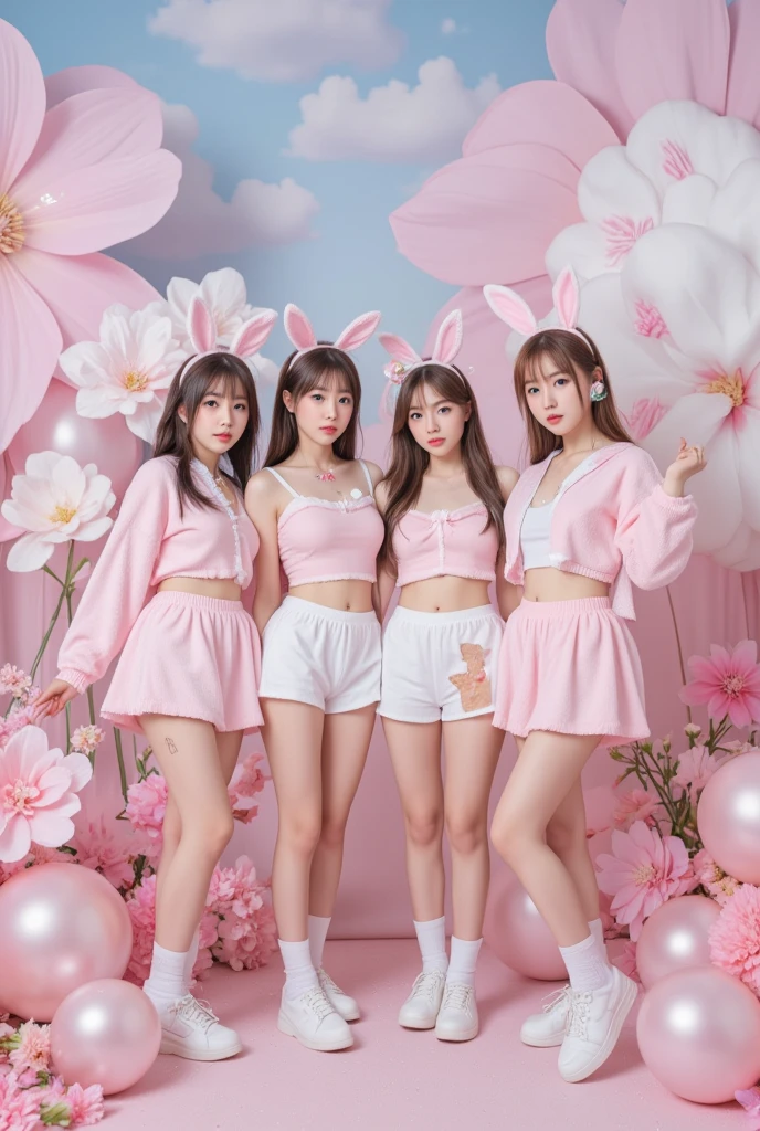 Polaroid film, masterpiece, best quality, 3girls, bunny girl, pink background, ulzzangs