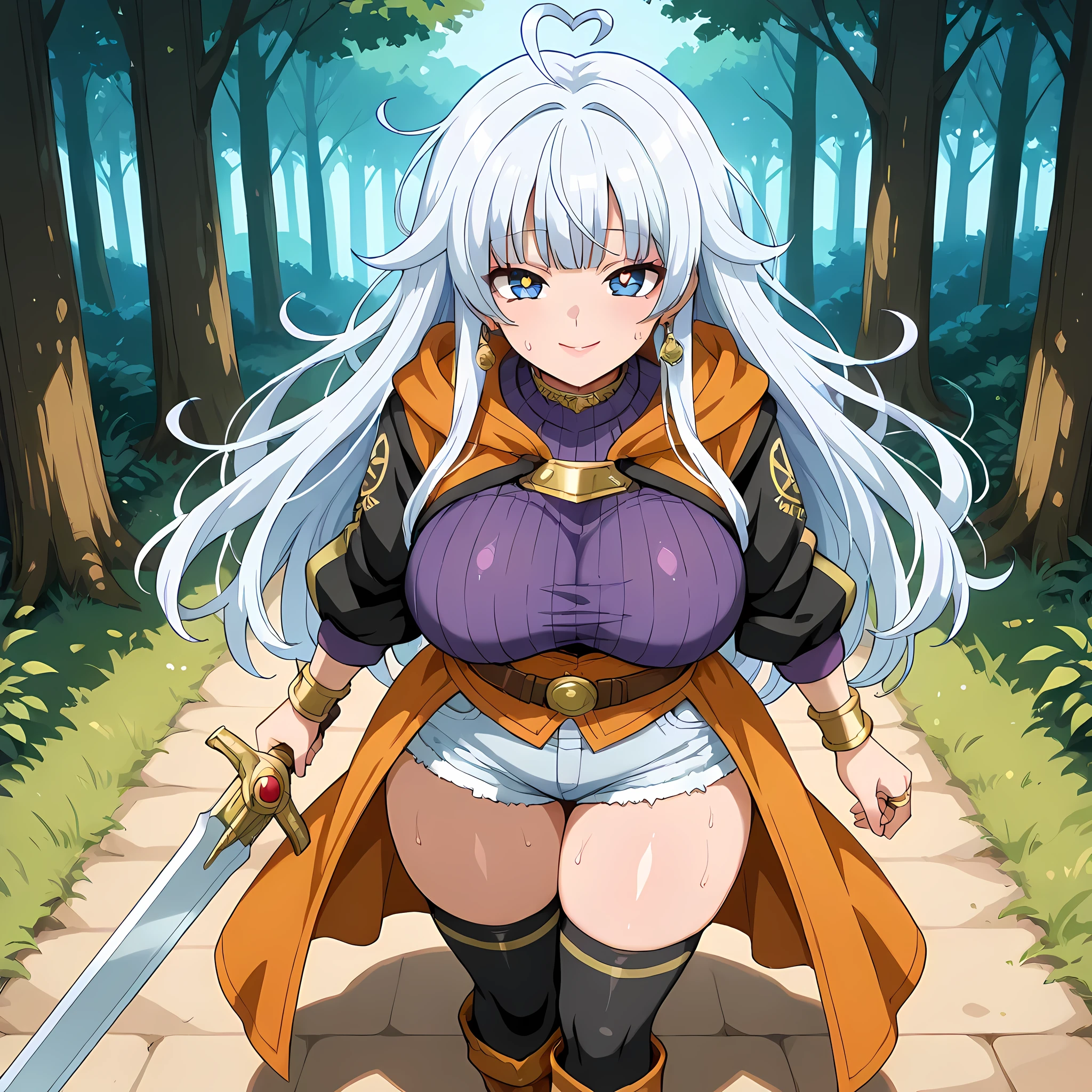 (high front angle, full_body), ((walking through the medieval city, Chrono Trigger anime style kingdom):1.15), (Chrono Trigger anime style:1.15, anime style warm colors, ultra quality, full HD, 4K quality, perfectly detailed eyes, rich scenery details, ultra facial details, ultra image sharpness, epic atmosphere, balanced light, character focus), {Ayla from Chrono Trigger}:((Adventurer's outfit, walking happily through the forest, orange hooded coat, thorn choker, black star printed on the jacket, charismatic behavior, woman looking with a smiling gaze, sapphire blue eyes, half-closed gaze, straight bangs, thighs together, white denim shorts tight on her fleshy thighs, purple turtleneck blouse with vertical black stripes tight on her round breasts, blouse pressing on her breasts, tight clothing on the body accentuating her curves, sensual lips, tight green thigh-high socks, heart-shaped ahoge hair, sweaty skin, orange cloth boots with black laces, messy hair and curled at the ends, double-colored white hair, green streaks at the ends, golden pupils, carrying a black-bladed sword with a golden jewel in the center in the sheath attached to her waist, golden earrings, rings of different types of jewels, bronze bracelets)), ((big breasts, round buttocks, curvy body, strong body, woman with defined body))