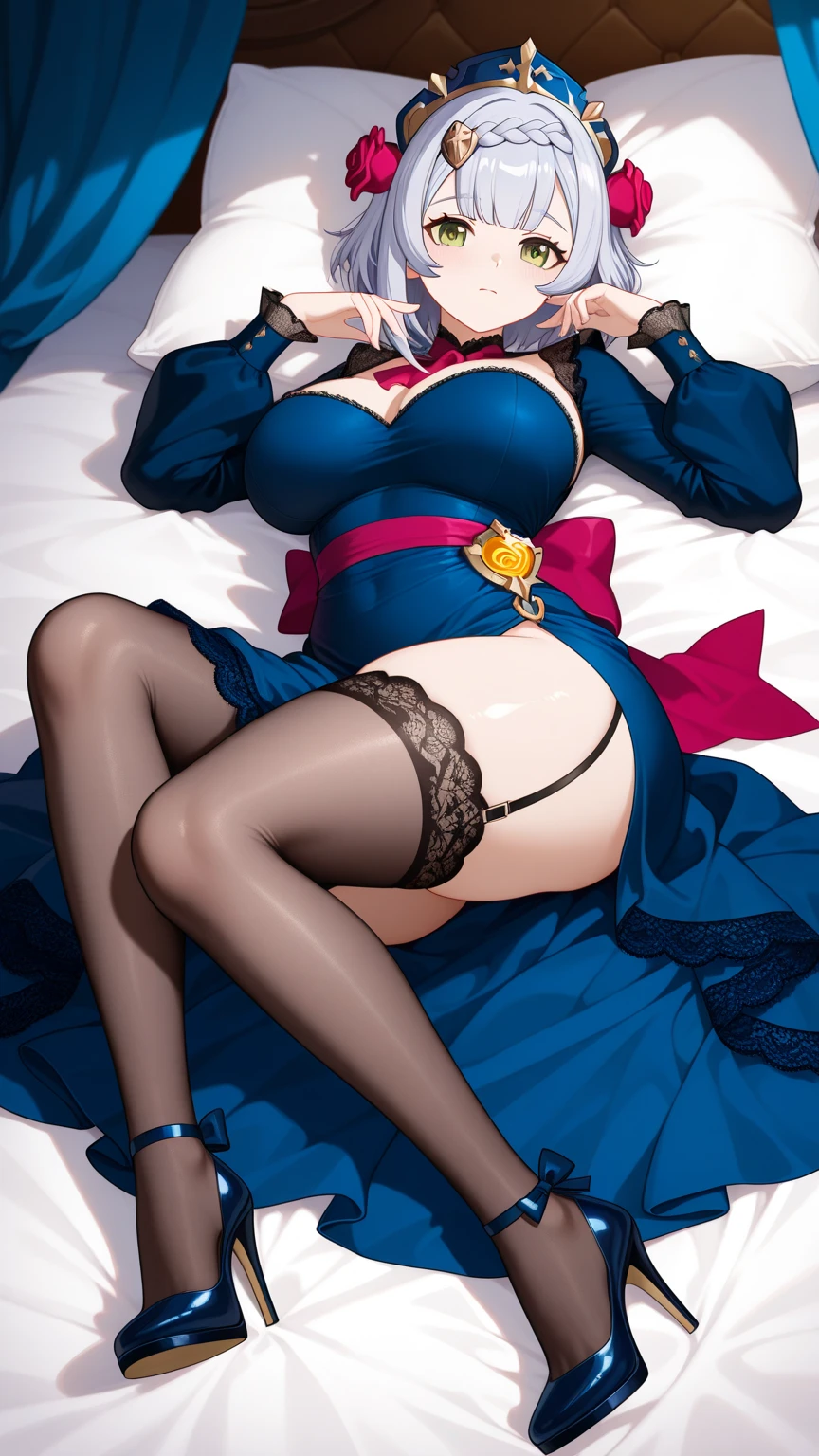 masterpiece, high resolution, best quality, rendered art, beautiful art, well formed fingers and hands, 1 woman, solo, Ganyu, goat horns, adult, grown up, 31 years old, large and round breasted, cleavage, full body, wearing a Iroha Samurai Spirits cosplay, Iroha_Samurai_Spirits_cosplay, maid hat, choker, fingerless gloves, black tights, sexy and skimpy kimono, pelvic curtain, white maid uniform,ryona,in peril, she is defeated, knocked out, passed out, closed eyes, exhausted, unconscious, laying down on the sand, extended exposed body, full body on the sand, breathing heavily, sexy smirk on her face, bouncing breasts, sexy defeated pose, defeat and KO scene, fallen beauty, martial arts tournament with beach environment
