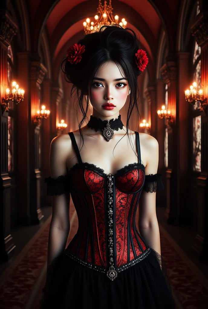Gothic style 8k, masterpiece, highly detailed, 1girl, (red underbust corset), full body, long dress, roses, (lace blouse), rose hair ornament, Dark, mysterious, haunting, dramatic, ornate, detailed