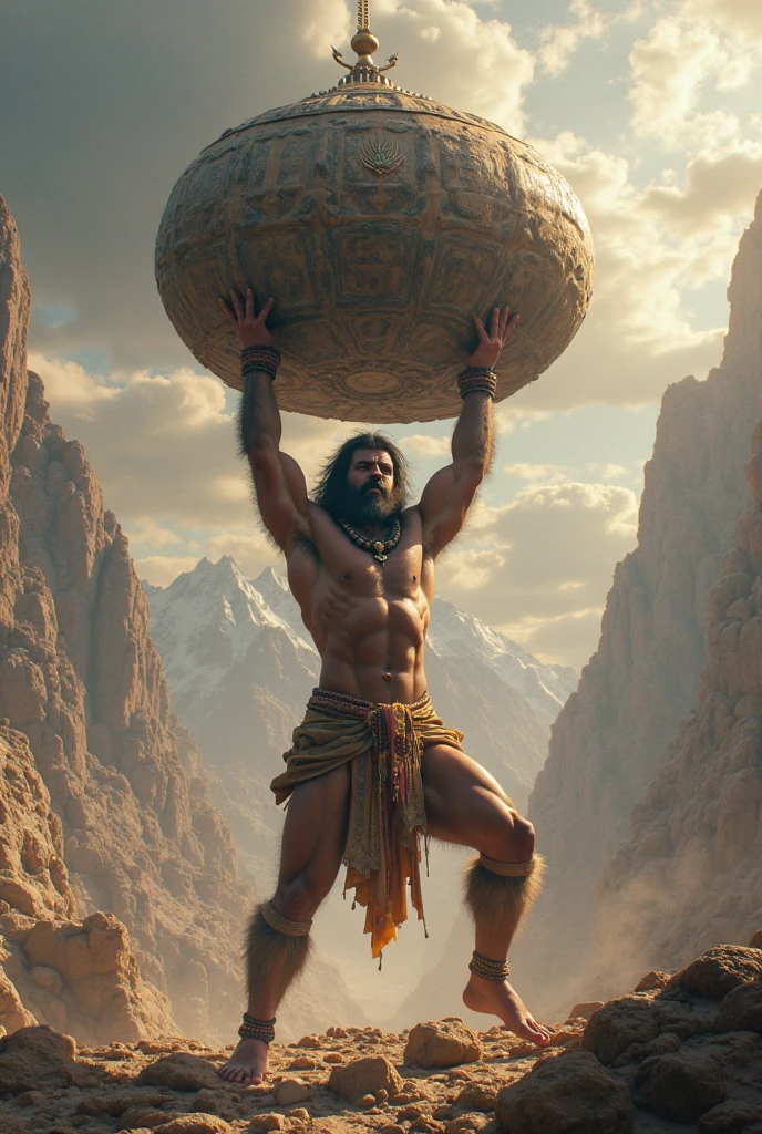 Hanuman Carrying the Mountain: This scene depicts Hanuman lifting and carrying the entire mountain to bring the Sanjeevani herb to save Lakshmana during the battle in the Ramayana.