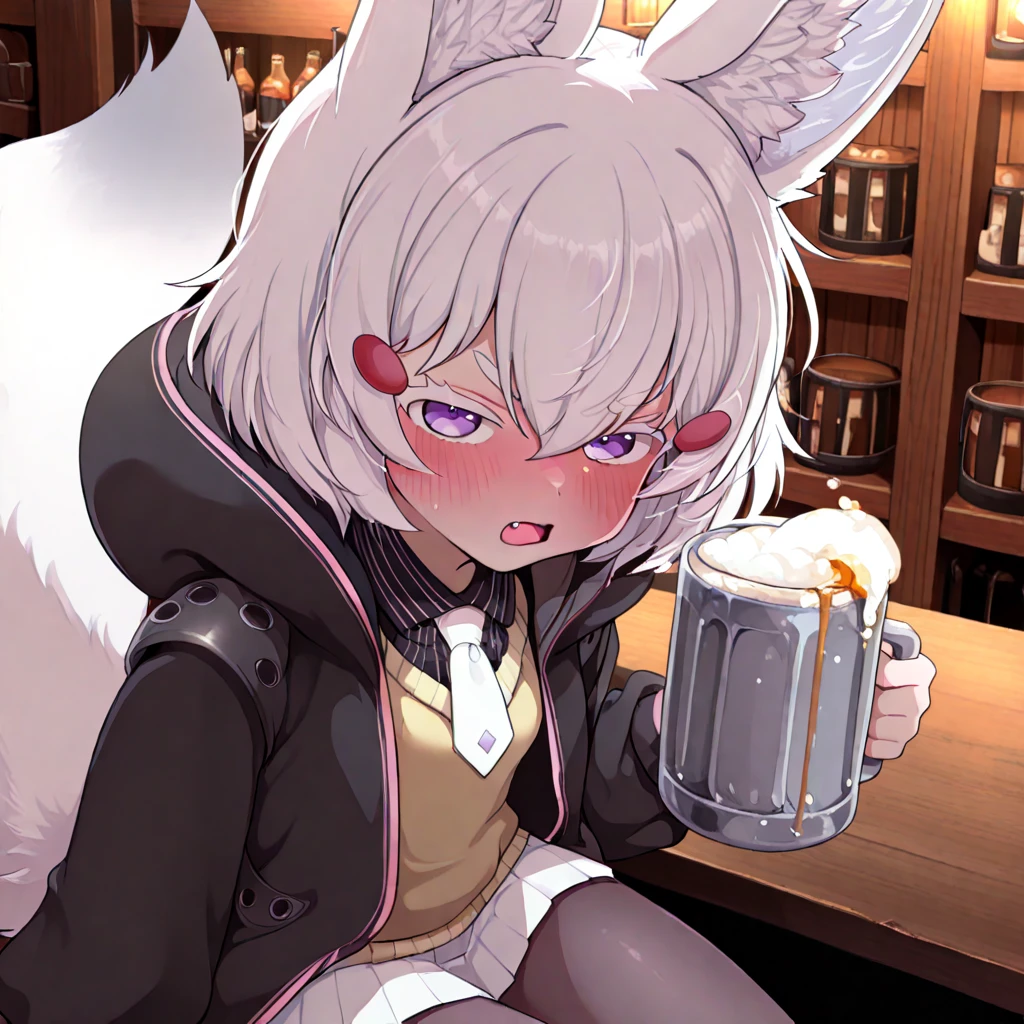 1girl, solo, silver hair, short hair, hair clips, hair ornaments, purple eyes, fox girl, fox ears, fox tail, black jacket, hoodie, sweater vest, collared shirt, white necktie, white skirt, pantyhose, sitting, bar, alcohol, holding beer, looking at viewer, smile <lora:char-tenma:0.8>