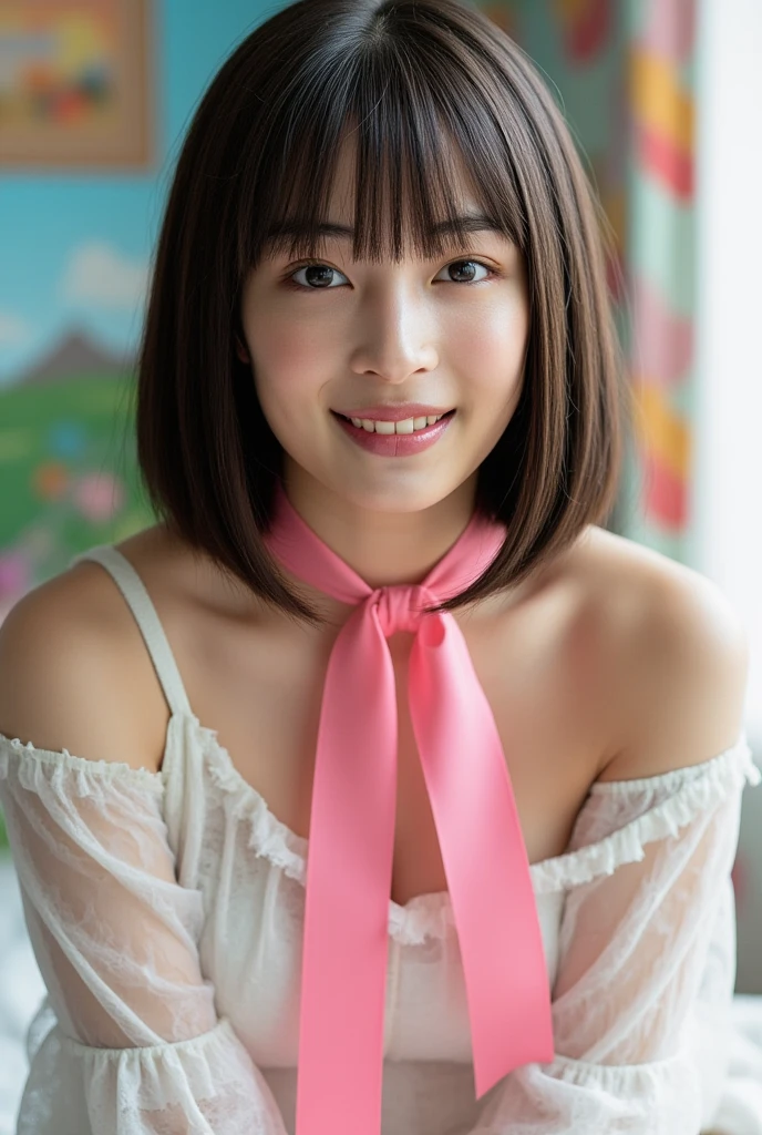 ((upper body)),(13yo:1.4),Photorealistic, detail, Skin Texture, Ultra Detail, Smile, Super Detailed Face, Detailed lips, tareme,Detailed eyes, japanese girlschool uniform,short_cut,shirtlift,hair band
