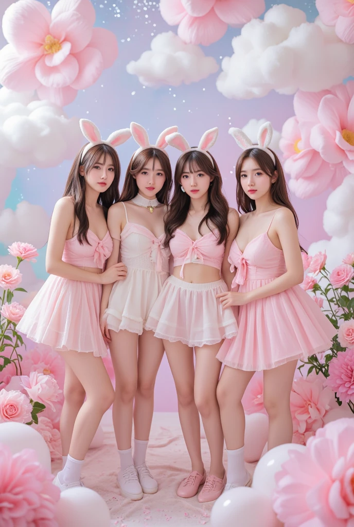 Three idol singers, Japanese, Cute stage costumes, Hotel Rooms, Daytime, whole body