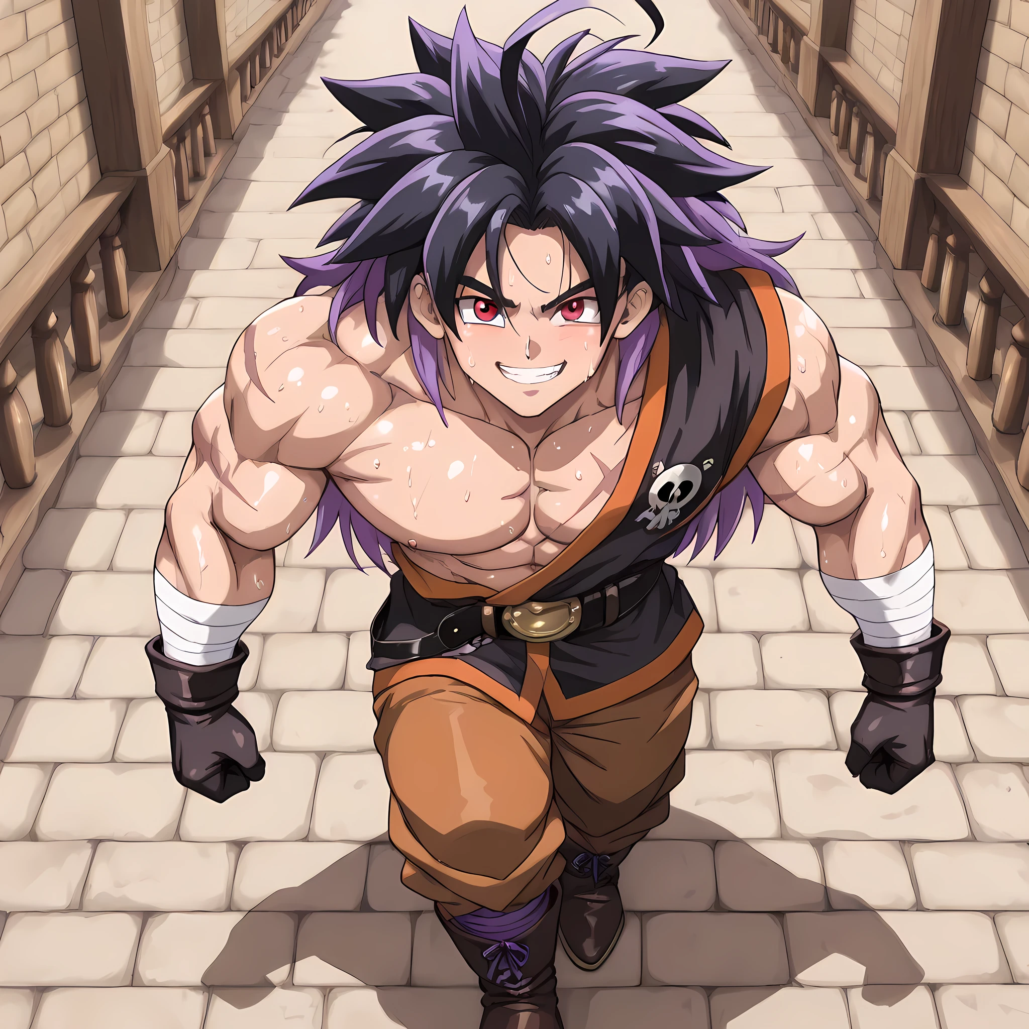 (high side angle), ((walking through the medieval city, Chrono Trigger anime style kingdom, 1man, solo):1.15), (Chrono Trigger anime style:1.15, anime style warm colors, ultra quality, full HD, 4K quality, perfectly detailed eyes, rich scenery details, ultra facial details, ultra image sharpness, epic atmosphere, balanced light, character focus), {Chrono from Chrono Trigger}:((Adventurer's outfit, muscular body uncovered, black skull printed on Aladdin-style pants, sarcastic behavior, cruel smile, man looking dangerous, red eyes, half-closed gaze, brown pants, black belt, black bracelets, skull-shaped ahoge hair, sweaty skin, black cloth boots with purple laces, very long, messy hair at the ends, two-tone black hair, lilac highlights at the ends of the hair, ultra-detailed pupils, wearing black gloves, bandages around muscular arms, scars all over the body)), ((smile with teeth sample, Gohan style spiky hair, body upright, muscular chest, strong body, man with a defined body, adult man's look):1.10).