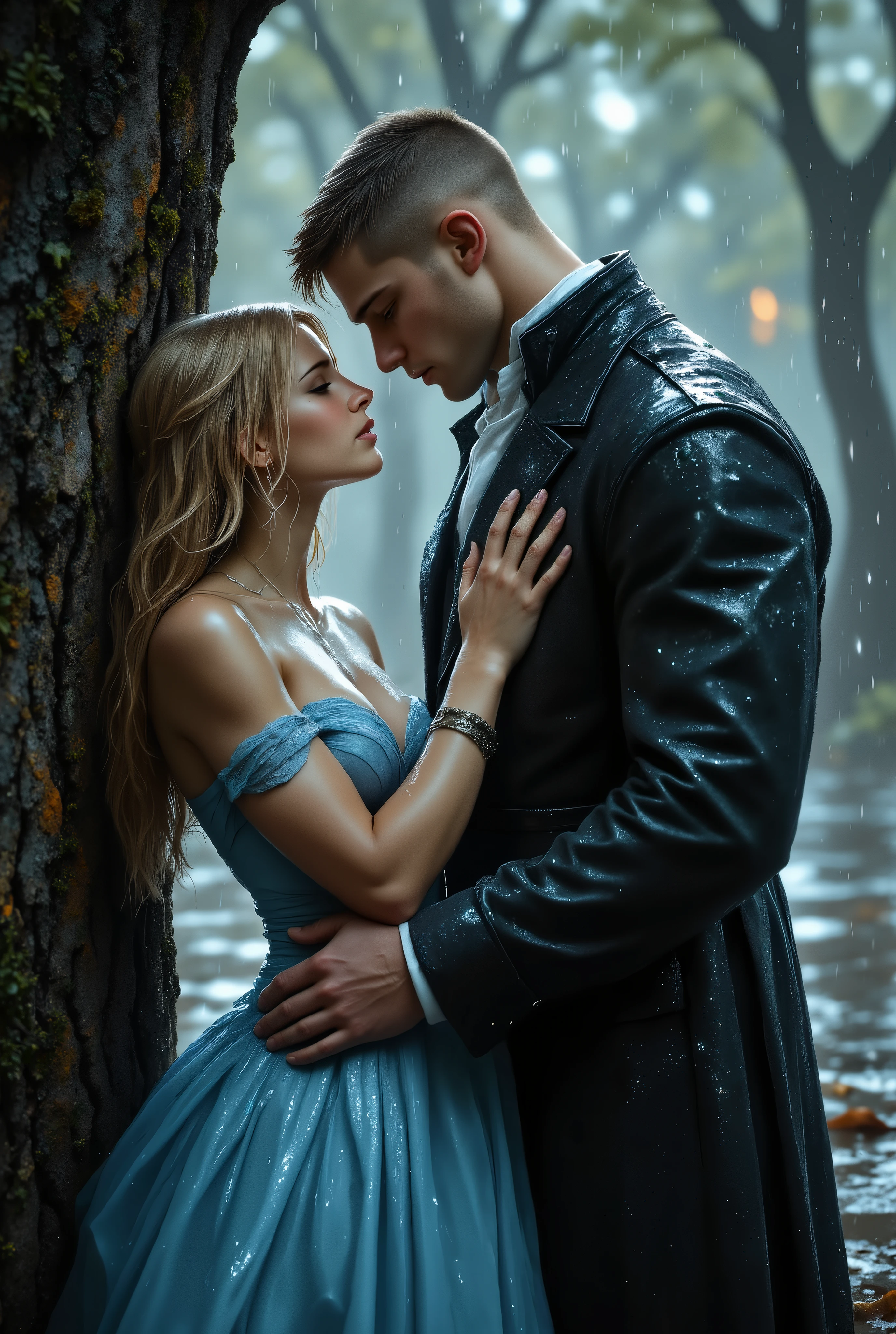couple man and woman, woman presses her back against a tree, and man wants to kiss her, she is cute little blonde in blue ball gown, he is muscular big white skin tall glossy skin short hair shaved temples long bangs, in frock coat, it is raining, they are wet