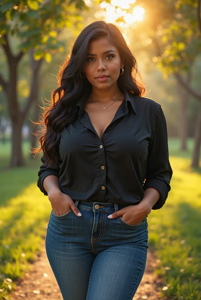 (masterpiece:1.2, Best Quality), 1 right, Alone, Upper part of the body, big tits, Dark wash skinny jeans, Jersey oversize, booties, loose waves, the center, the middle part, the nucleus, Simple hoop earrings, Parque Verde