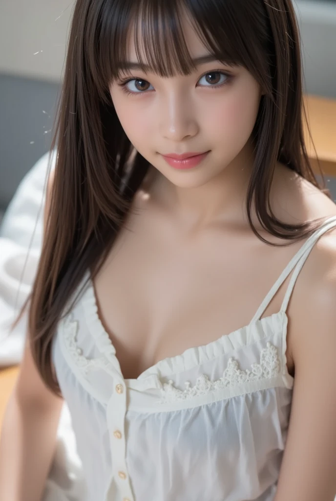 8K、Highest quality、(beautiful)、Precision Eyes、Brown Hair、looking at the camera、Upper Body、Close-up、Soft Breasts、Embarrassed、Shot from above、Cute frilly mini dress、Straddling the sofa
