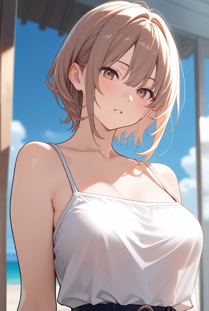 best quality,masterpiece,shiny blonde,blue eyes,white clothes, look down on, upper body,hair strand,Fair skin,short bob,wet through,french braid,blushing and red,blunt bangs,hoop earrings,gladient hair,left sideburn is longer than right one