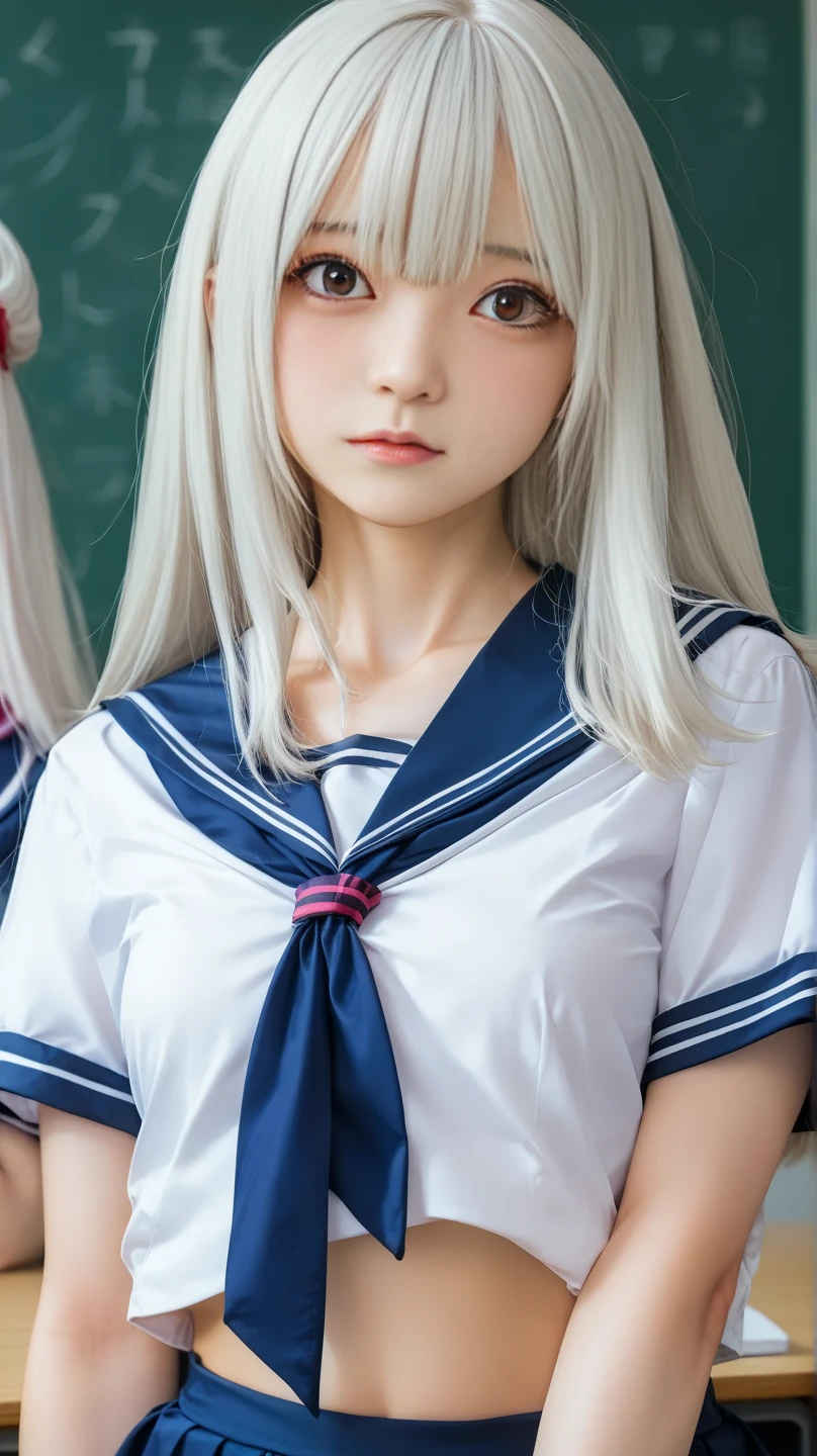 japanese girl, cute, (Highest quality), (Ultra-high resolution), (Realistic), ((classroom)), ultra detailed face, white hair, lipstick, eyeshadow, eyeliner, ((abs)), ((blushing cheek)), Beautiful face in every detail, high school student, short sleeve shirt, close your eyes