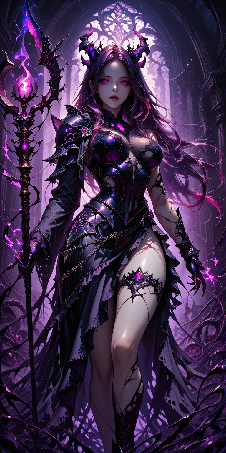 Gothic woman, purple hair, elf, necromancer full body