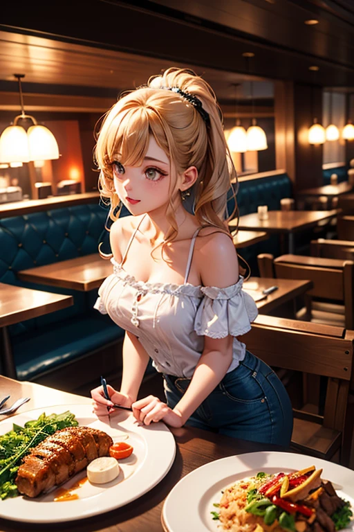 Blonde girl eating steak at steakhouse Wearing sneakers High leg shorts with suspenders Large Breasts Showing her belly button Ultra low rise Knee-high socks No underwear Belt on chest
