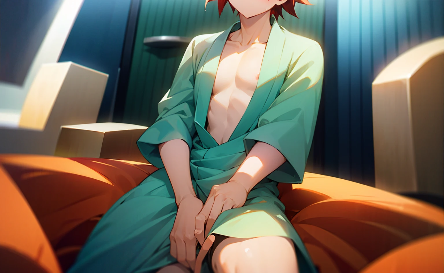 (Masterpiece), Best Quality, ultra-detailed, 1girl (Gwendolyn_Tennyson, lovely small breasts, naked body, orange hair, short hair, green eyes, half-closed eyes), evil face, smirk, parted lips, nose blush, blush, facing viewer, looking at viewer, solo, bathrobe, undress, , in the bedroom, night time, , standing, undressing