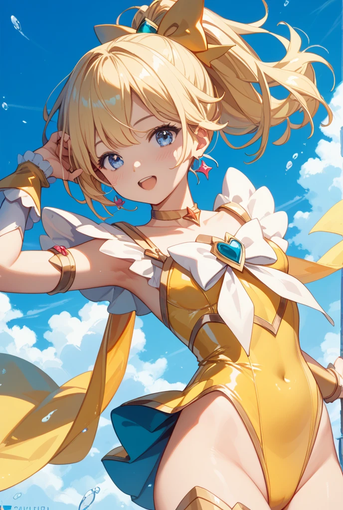 aruru_otsuki\(starlight\), aruru_otsuki\(starlight\)token12, wrist_cuffs, 1girl, long_hair, blonde_hair, solo, yellow_eyes, blurry, jewelry, cape, frills, thighhighs, blue_scarf, masterpiece, high_quality,Extremely Delicate Pixiv 8K-Illustration, Best Quality, Hyper Detailed, Intricate Details, Sun Dogs Effect, Depth Of Field,, (extremely detailed skin), (extremely detailed eyes), (extremely detailed face), (extremely detailed hair), (perfect anatomy), (((5fingers))),extremely detailed CG unity 8k wallpaper,thick highlights in eyes,extremely detailed glistening iris, perfect shading, perfect overlay, perfect highlights, color tress, colorful reflected light in eyes,
