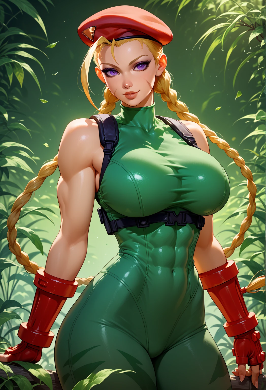 masterpiece,best quality,extreme detail,8k,cammyfn, 1girl, solo, long hair, breasts, blue eyes, blonde hair, large breasts, gloves, red hat, braid, ahoge, twin braids, leotard, lips, makeup, beret, scar, antenna hair, nose, harness, huge ahoge, green leotard,sleeveless, sweaty,sweat, exhausted,sleeveless,cross eye, full body