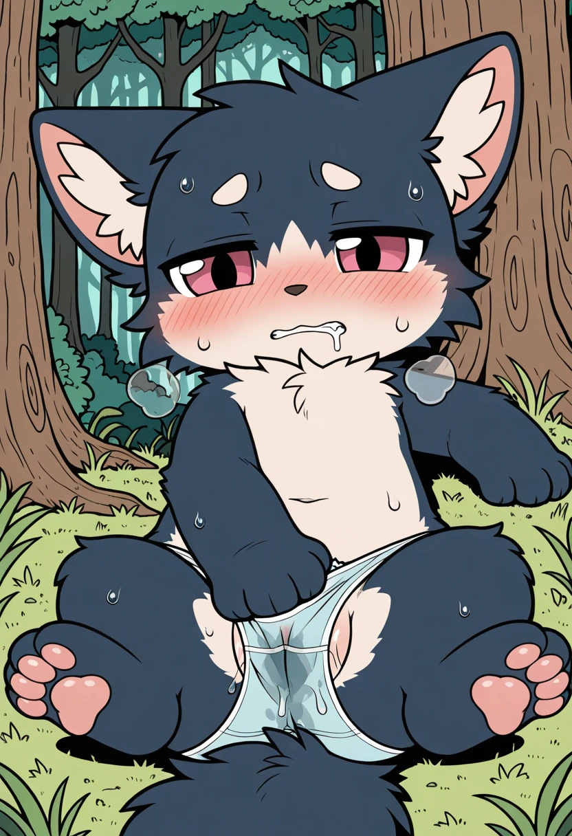 A male dog corgi have body chubby with black fur with red colour eyes,naked and he begging to stop with tail being hold tight and pull by hand, body trembling and Satisfied with small cock are have sex by Dolphin deep down water, talk english Dialogue sayings clearly