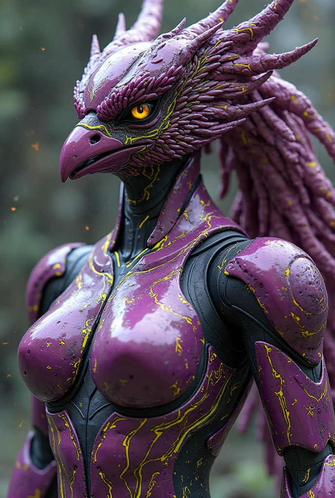 (((Masterpiece))) photo of a female human-lizard hybrid, menacingly, lizard eyes, purple skin, escamas no corpo, big claws, swamp forest, high detail, 8k, ultra realistic