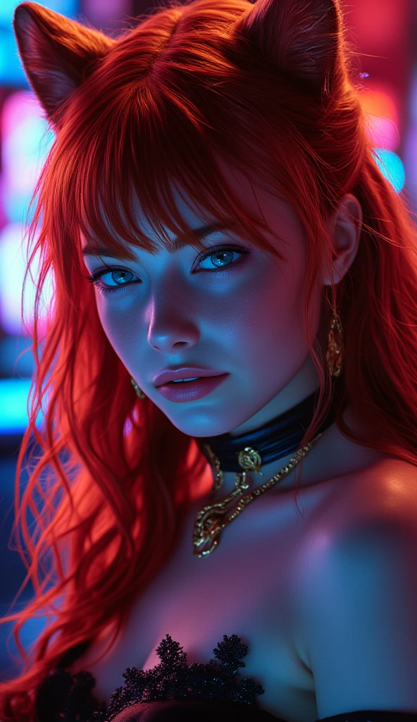 (full body shot:1.7) photorealistic image of a (sitting pose:1.3) woman, ultra realistic, photography, long red hair, girl, 24 years old, hourglass figure, perfect body, natural medium breasts, A hyper realistic image, with richness in details, with blue and purple bright colors in the cyberpunk style, of a 21 year old woman having a drink, with a very sensual and attractive expression, your hands are perfect and detailed, your hair very well detailed, you can see many men standing around at her table, she loves the attention and teasing them, hot body, realistic, detailed, smooth, sharp focus , realistic, highly detailed, sharp focus, nsfw.