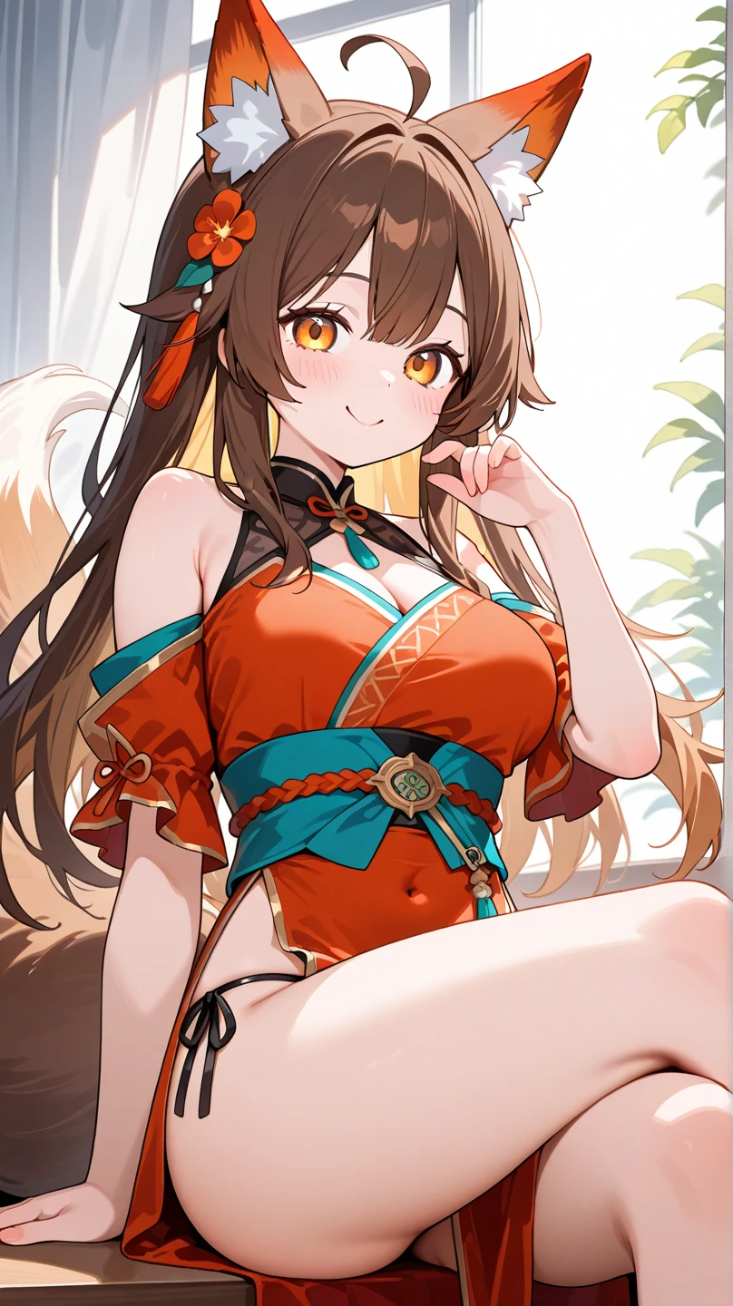 a beauty girl，Mature face，a matural female，Fluffy tail hair，Ultra-loose underwear，clothes slipping off，Anterior convex and posterior，Straight chest，Ruddy complexion，Huge fox tail，nabel，(huge tit)，adventurer，tit，areola of breast，pantiess，Stockings，Human Services Group，((illustrated))，split，((Chinese tradition))，()，(Prostitutes)
