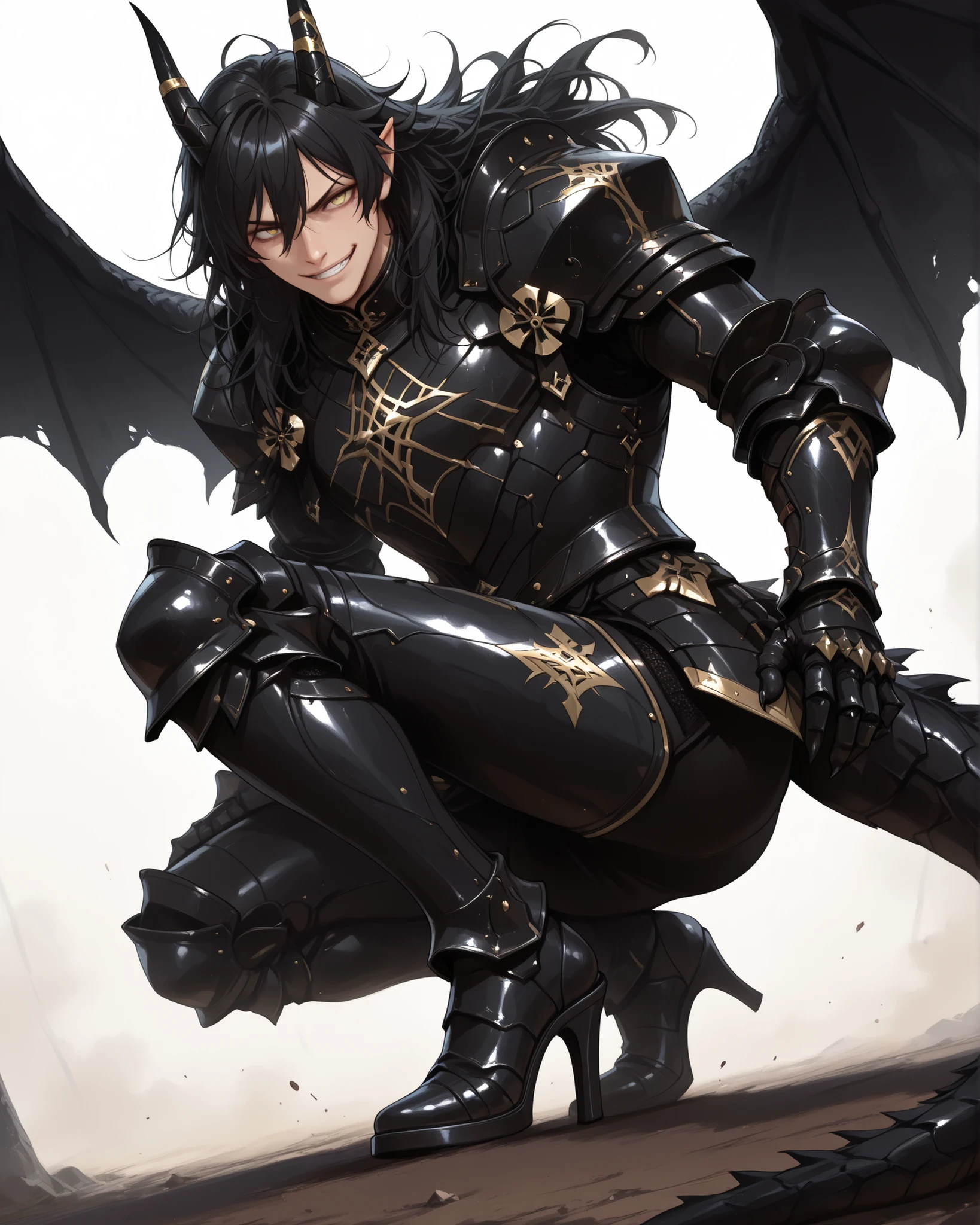 score_9, score_8_up, score_7_up, absurdres, 128K Ultra High Resolution, (masterpiece, best quality: 1. 5), ((high definition)), highres, 8K wallpaper, (excellent graphics: 1. 5), CG, (((Japanese Anime style))), (1 male), solo, lean body, (masculine), floating in the air, weredragon, glossy black, shiny black leather, ((beautiful golden eyes, finely detailed eyes, bright eyes, slit pupils)), hair between eyes, black hair, long hair, sideburns, wild hair, (sly grin, sinister grin, smirk), teeth, confident, (((ultra detailed face))), shiny skin, long pointy ears, twisted torso, long-legged, sculpted face, wasp waist, dragon horn, dragon tail, dragon wings, dragon sharp claws, (black armor with a lot of grandiose decorations: 1. 5), half dragon half human, (crouching, charge at the enemy, combat pose: 1. 5), (dramatic angle, dynamic pose: 1. 5), (ultra detailed black armor, well-polished black armor: 1. 5), (gold-adorned armor: 1. 5), all black outfit, full body, emphasize face, sharp focus, good-looking man, (best illustration, highly detailed artwork: 1. 5), cinematic, dramatic lighting, (intricate detail, extreme detailed, super detailed: 1. 5), tenebrism, wonderful pose, chiseled features, (stark contrast, heavy shadows: 1. 3), detailed black decorations, beautiful and aesthetic, photoreal, from side, (mysteriously crafted black metal armor: 1. 5), thick and luxuriant hair, (ultra detailed fantasy black armor, wonderful black armor: 1. 5), (realistic metal texture), broad shoulder, true-to-life visuals, artistically refined, (extremely delicate & beautiful armor, elaborate armor details: 1. 5), (giant black armor, dark armor, stylized armor: 1, 5), (((armor-type high heels))), (extremely detailed armor with intricate engravings, intricate armor with gold ornaments: 1. 5), very gorgeous and dazzling, (dark fantasy black knight: 1. 5), slim waistlines, wide chested, sinewy body, (Hyper Detailed & Perfectly Designed Black Armor: 1. 5), (simple white background), windy