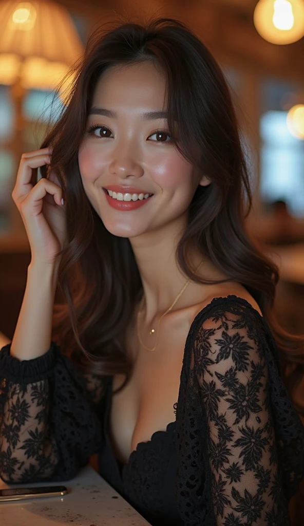 Beautiful 20 year old woman。she is wearing a satin camisole。Lace on the chest and hem.。She looks ecstatic 。she is smiling and winking. her dark brown hair、High resolution、masterpiece、highest quality、Head w:1.0、((Hasselblad Photos))、fine skin、fine knit、(movie lighting)、clavicle .