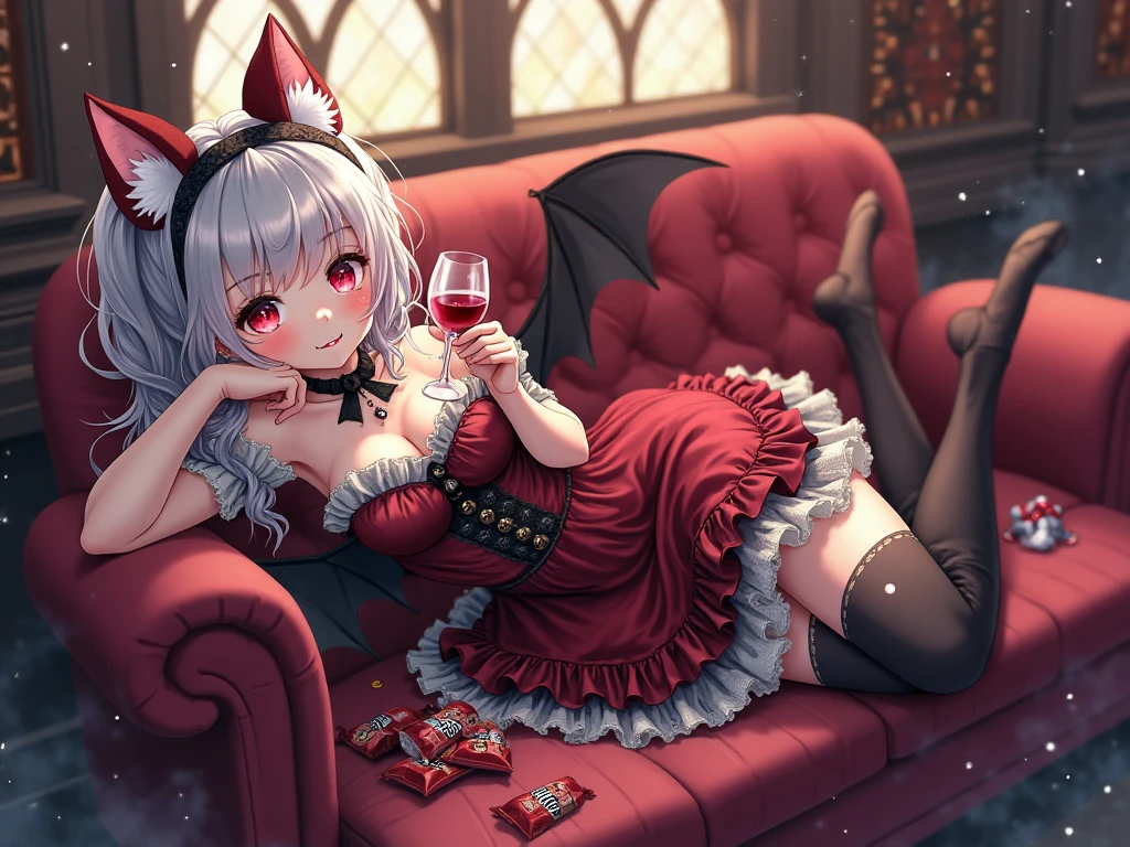 little red riding hood,Sitting,Spreading legs,black tight high sox,Light blue and white striped panties