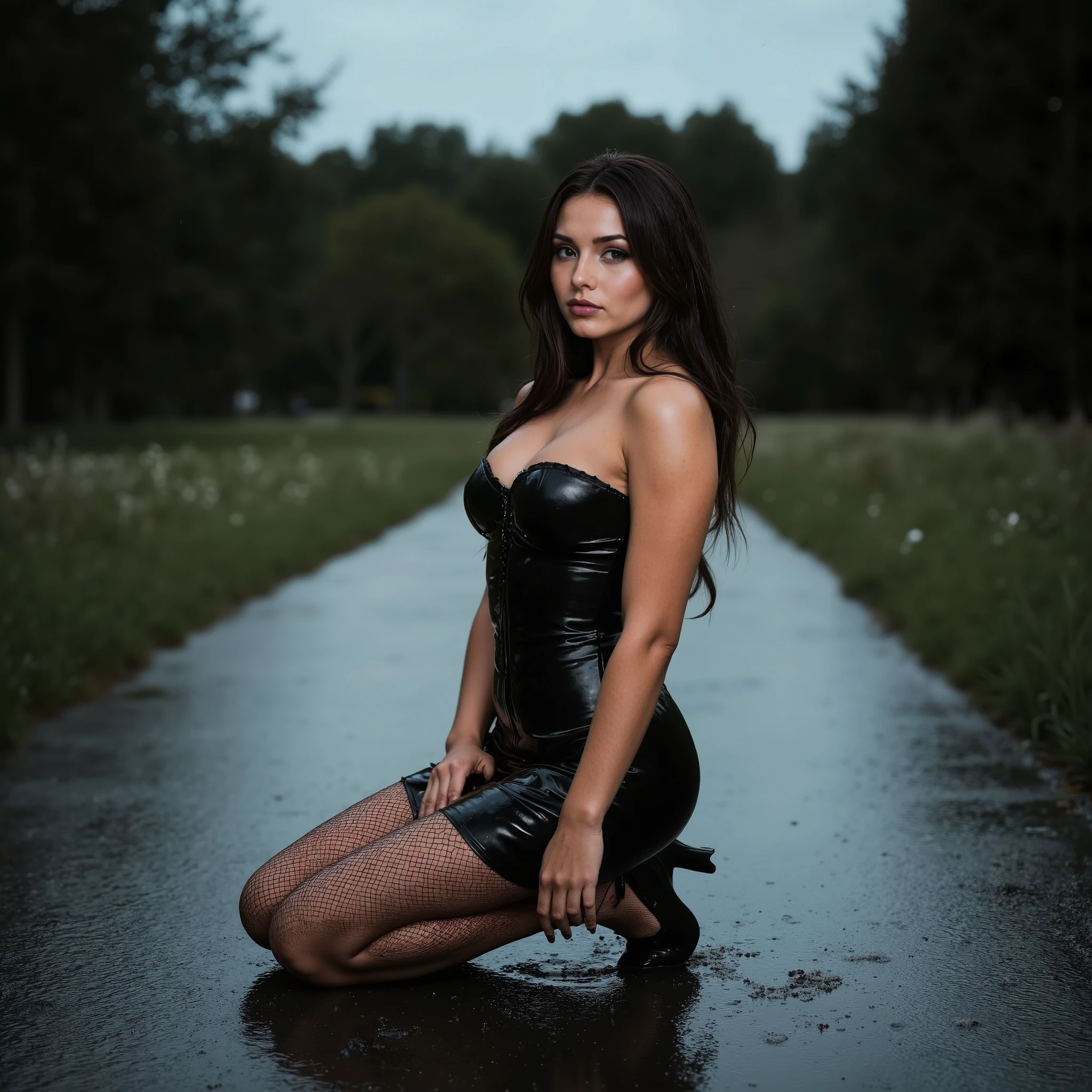 A hyper-realistic 8K full-body portrait of a confident young woman kneeling gracefully on a wet park pathway at twilight. She wears a tight, black latex corset dress with detailed lacing at the back, perfectly sculpted to her body. The glossy latex material reflects the ambient light and the moisture from a light drizzle, showing highly realistic highlights, micro-droplets, and surface sheen in deep teal-blue tones. Fine rain is gently falling, with water beads forming naturally on the latex and creating subtle distortions in the reflections. Her sheer black stockings, attached with garter straps, are slightly damp, clinging naturally to her skin, enhancing texture realism. She wears polished black high heels with wet reflections and subtle splashes beneath them. Her skin is smooth and unmarked — no tattoos — with delicate lighting that brings out natural softness and cinematic warmth. Her look is completed with retro-inspired dark curls, bold burgundy lipstick, and a black mesh fascinator slightly touched by the rain. The ground beneath her is fully wet, showing soft puddles, glistening reflections of trees and sky, and fine texture detail on the pavement. The background features moody, symmetrical park greenery and scattered wildflowers, under an overcast sky diffusing the light evenly. The entire scene is captured with DSLR-level depth of field, isolating the subject against a soft, atmospheric backdrop.