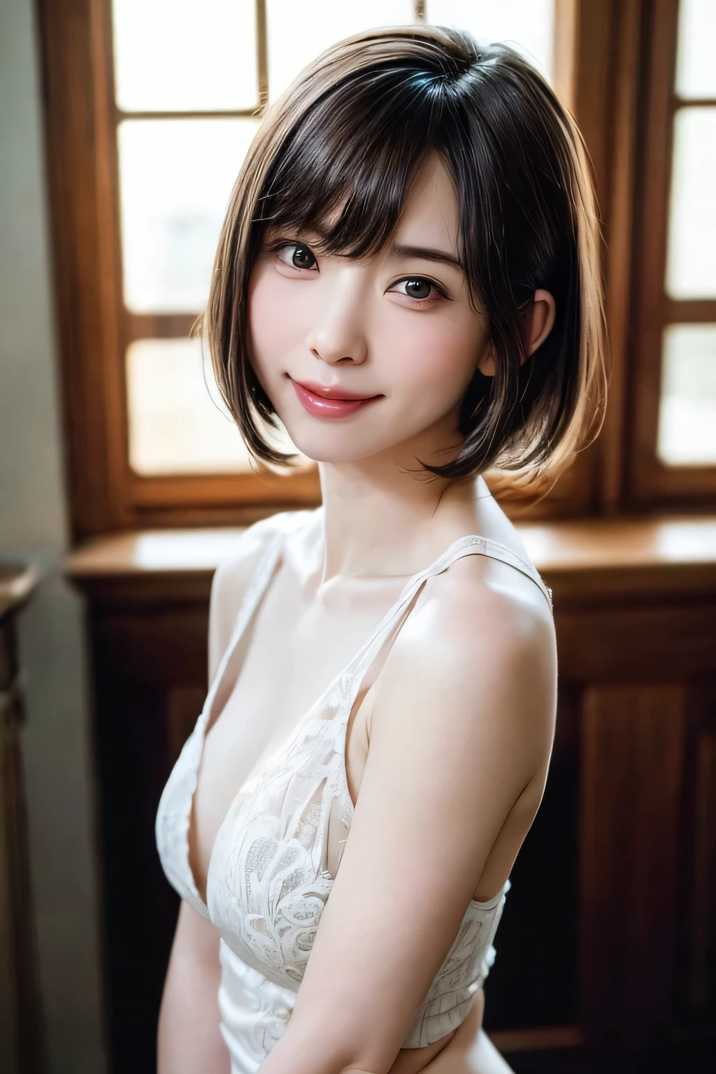 (masterpiece, Highest quality,Perfect Anatomy,Everything is beautifully detailed)、One Girl, alone, Black-haired、Has a beautiful collarbone, Realistic, Realistic, Looking at the audience, Light brown eyes, short hair, Brown coat, Winter clothes, White headスカーフ, lips, prohibit, Plein Air, Mouth closed, Upper Body、Big eyes、eyelash、((Beautiful scenery of sparkling snow))、(((前髪ありshort hair、Big eyes、Big ample chest、{huge|big|hugeな|Mega} chest, chestの谷間、Gazing at the audience、A wonderful, beautiful beauty、Put out your ears、beautiful long neck、Laugh a little、Please close your mouth and laugh)))、expensive、A beautiful woman with elegant charm、An innocent smile、A beautiful woman with a dignified charm、Give your eyes a natural, gentle glow、