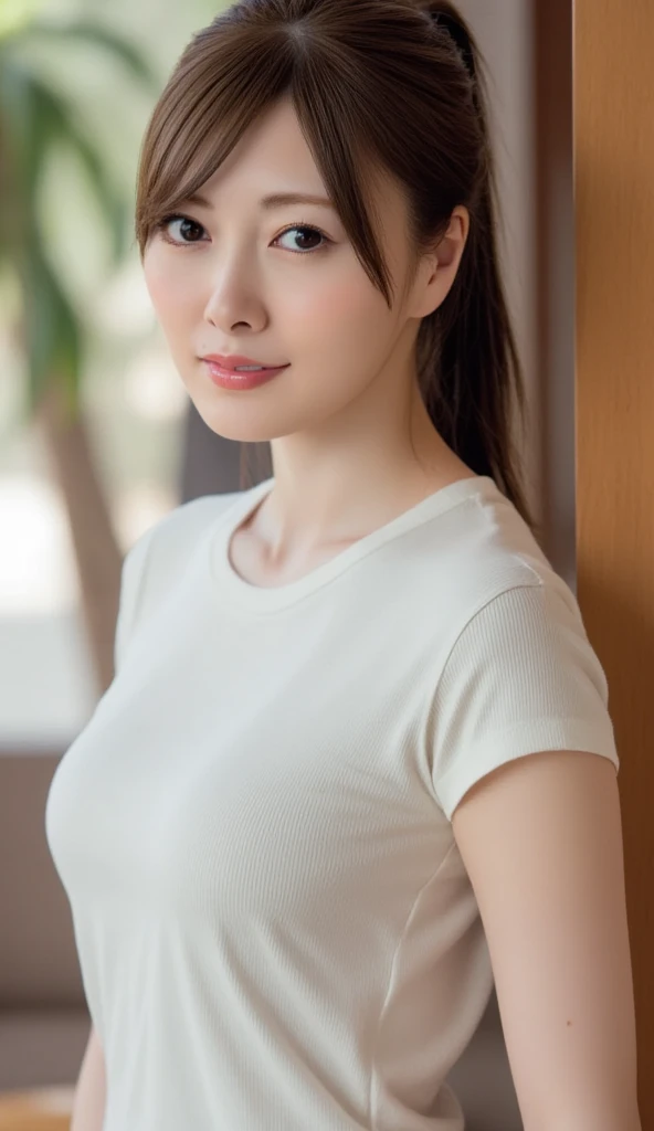 (Japanese),(26 years old), (Slender women), (Small breasts),double eyelid,(She is short in height),(She hardly ever wears makeup),Natural Makeup,Thin lips,smile,ponytail,Black Hair,(she is in a bright park),(she has Small breasts),(She takes off her bra),(Her breasts are pointy and pointy), (((She wears a big olive-colored t-shirt))), ((She is wearing beige stretch pants..)), (Realistic), (Ray Tracing), (Sharp focus), clavicle, (Detailed face), Natural and Realistic skin texture, Soft Face, (((Camel Toe))),((Perfect Anatomy:1.4)),(Full body paint),(Clothes that fit),