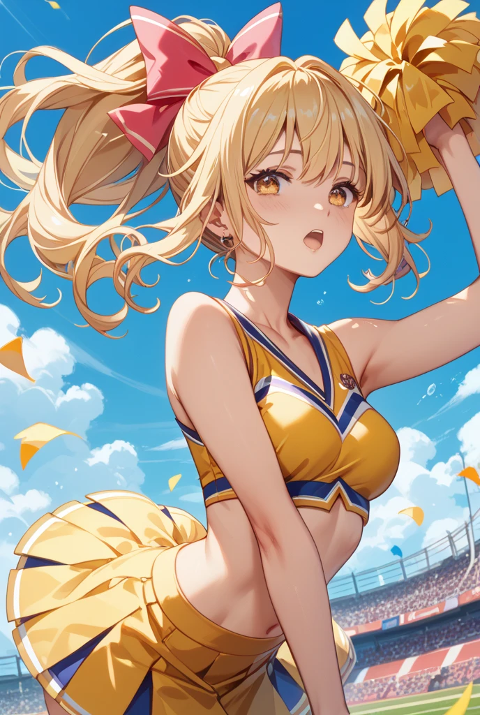 irohaisshiki, iroha isshiki, short hair, brown hair, (Brown eyes:1.5), smile,happy smile, smile, Open your mouth,(cheer leading), (whole body), Big Breasts, Lower, (Sweaty), Sweaty Wet Clothes, (Yellow clothes),No sleeve,Yellow pleated skirt,sneakers , Belly button support, playground, (Jump), (Jump), 足を曲げてJumpする, air, blue sky, Grass原, smile
チアリーダー, Pom-pom \(cheer leading\), Grass, smile, whole bodyがイラストに入るように,
break outdoors,Stadium,
break looking at viewer,whole body,
break (masterpiece:1.2), Highest quality, High resolution, unity 8k wallpaper, (shape:0.8), (Fine and beautiful eyes:1.6), Highly detailed face, Perfect lighting, Highly detailed CG, (Perfect hands, Perfect Anatomy),