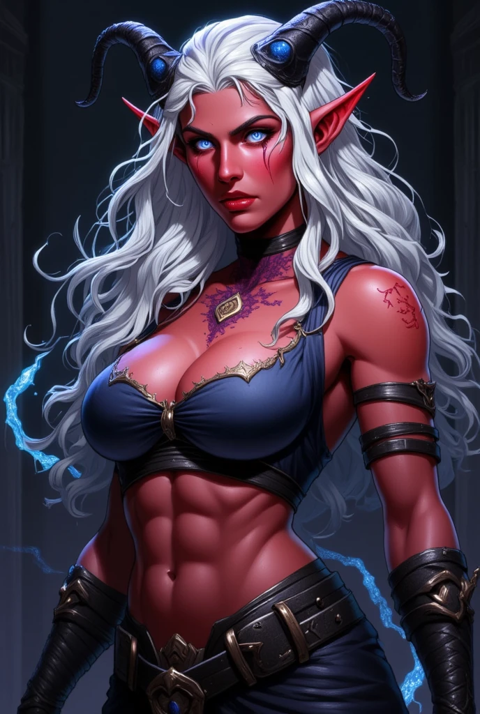 sehele style, anime style, (((tiefling))) warlock with (((dark blue skin))) and (((smoldering eyes))). Her (((horns curve elegantly backwards))), 8k, 4k, Unreal Engine 5, octane render, trending on pixiv, fanbox, skeb, masterpiece, ((slendered abs )),(gigantic breasts:1.1), (full bodied), wide hips, (full lips:1.5), smooth soft skin, big dreamy eyes, beautiful intricate colored hair, anime wide eyes, soft lighting, concept art, digital painting,