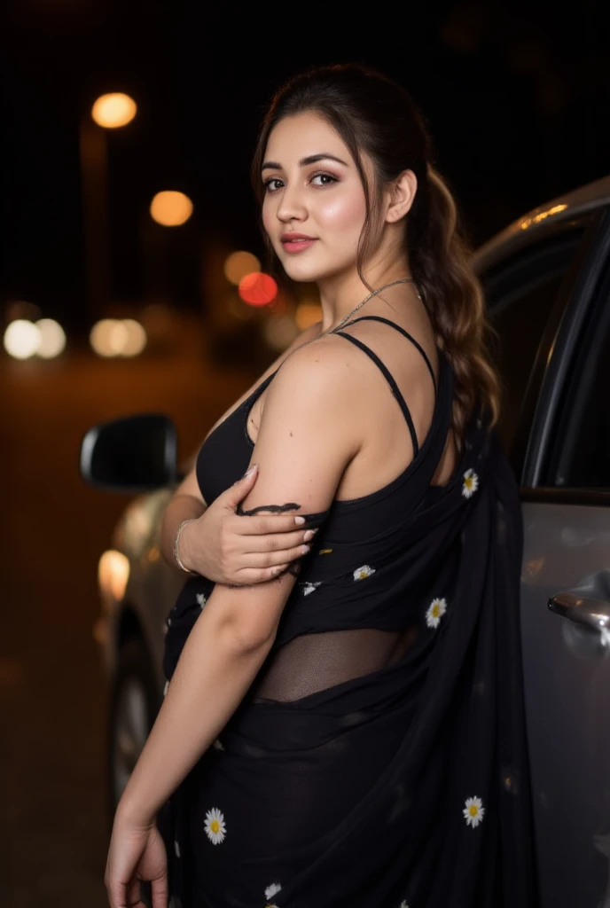 a beautiful girl in transparent saree, deep boobs cleavage, long hair