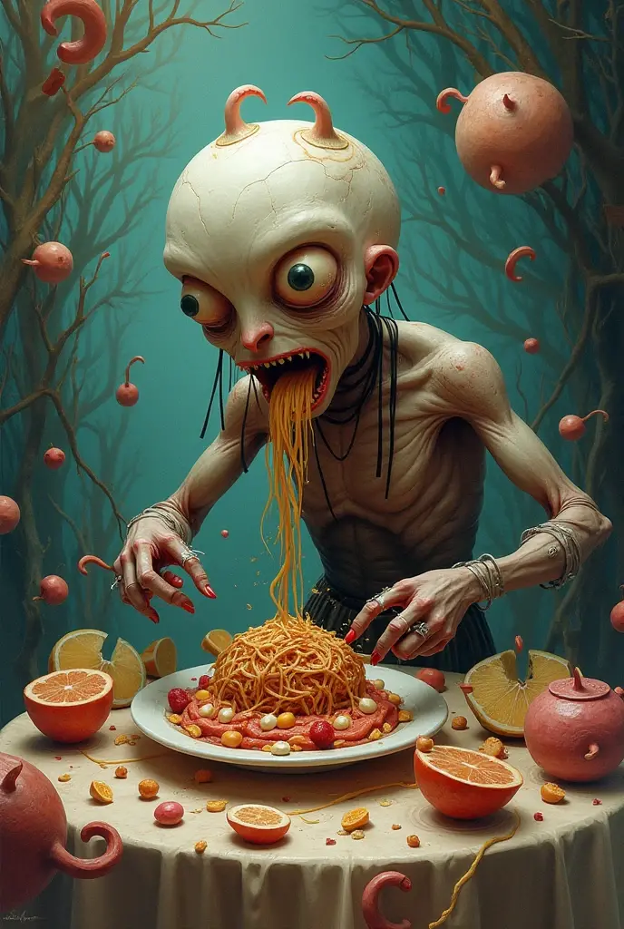 Deformed man with crushed worms smoking mushroom