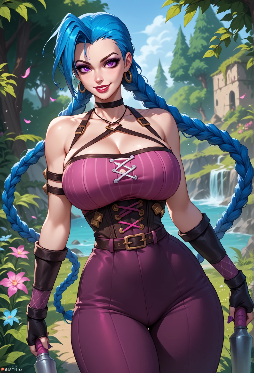 masterpiece, best quality, 1girl, solo, Drow Elf (slate blue skin, longer hair), corset, ((colossal cleavage:1.5)), gym leggings, choker, (graffiti:1.2), paint splatter, arms behind back, against wall, looking at viewer, armband, thigh strap, paint on body, head tilt, bored, multicolored hair, aqua eyes, headset, peepshow, nip slip (((petting camel toe)))