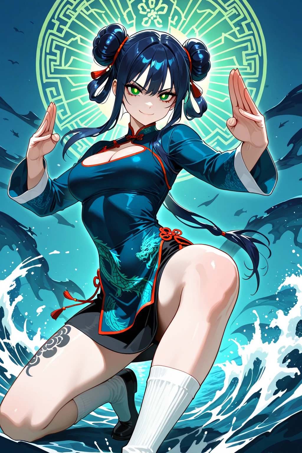 (extremely detailed fine touch:1.3), (((silver semi-rimless eyewear:1.3))), (wear silver headphones around neck:1.0), blue short hair, double bun, blunt bangs, 1girl, solo, full body,
kung fu pose, Kicking, earring, serious, chestnut mouth, make up, bare arms, medium breasts, cleavage, extremely detailed blue beautiful Cheongsam, extremely detailed, chinese blue dragon, blue flame,