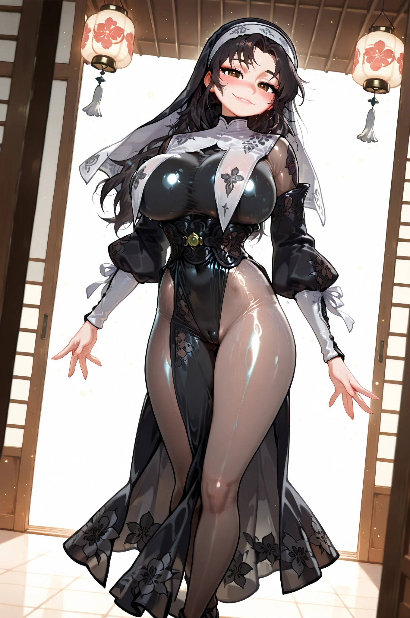 (((Best image quality，Highest quality，masterpiece)))、1 girl 1 person、((Very large breasts))、Beautiful crotch、Korean idol types、Beautiful woman、((Inside the room:1.4))、((Dark skinned girl standing:1.7))、(anime)、((She is holding a woman&#39;s hand、hair:1.5))、Detailed body、(金hair:1.3)、((Black oversized latex suit:1.75))、長いhair、lipstick、blush、I&#39;m sweating a lot、choker、Earrings、Detailed Background、((Woman having sex with another woman from behind:1.2))、Camel Toe、Giant tit、Nipple Puffs、Cleavage、Plump、Super big breasts、Super big butt、Bubble butt、Earrings、Earrings、necklace、Thick lips、Heterochromia、Bracelet、Caster wheel、first round、Hair Charm、Lip gloss、Long False Eyelashes、Ahoge、