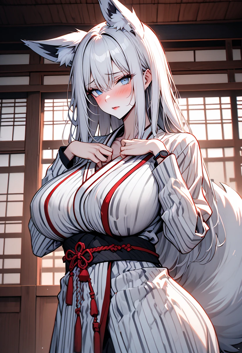 ((最high quality, 8K, masterpiece)), High resolution、(high quality: 1.5)、Very detailed、Detailed face、Bright colors、Natural light、Fine grain、Colorful eyes、Beautiful Face、Highly detailed face texture of a woman,masterpiece, 最high quality, Detailed and beautiful eyes,最high quality、Best image quality、masterpiece,Shrine maiden,Big Breasts,Shrine maiden服,hakama,shrine,Fox ears,Fox Tail,Solemn,Main God,pray,(side view),side ,Silver Hair,Fox,mature female,smile,Just beautiful,masterpiece,最high quality、so beautiful,High resolution,1girl, solo,make up,smile,make,(masterpiece:1.2)、(最high quality:1.2)、Latest Glossy Skin