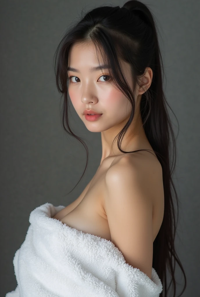 Asian、model、Black Hair、Long Hair、Big Breasts、Topless、ponytail、winter