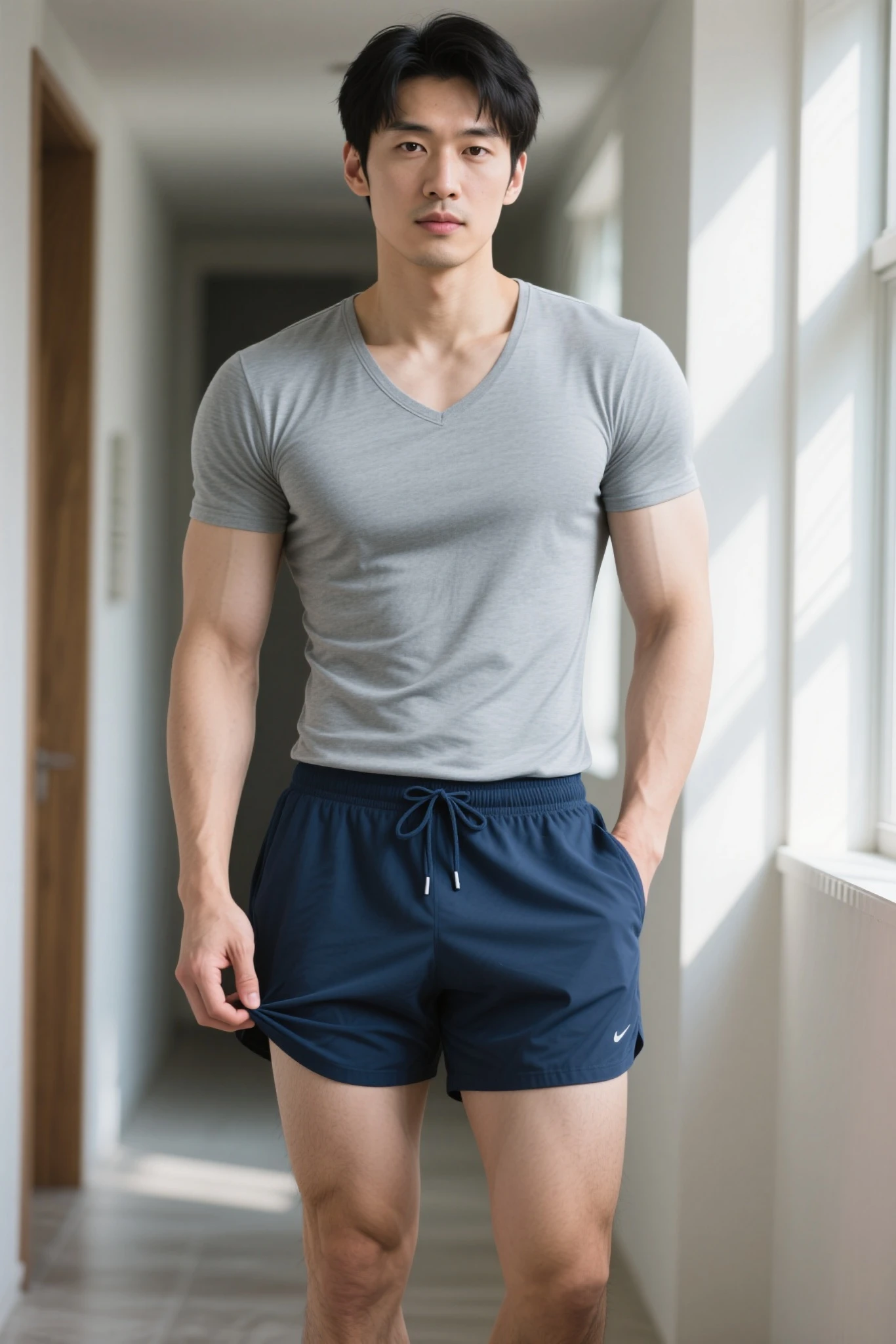 Japanese men、13 years old、Underdeveloped muscles and smooth skin、Undercut pink hair、Relaxed and friendly smile、light blue boxer briefs、The whole body is visible from toes to head、Posing in the park、