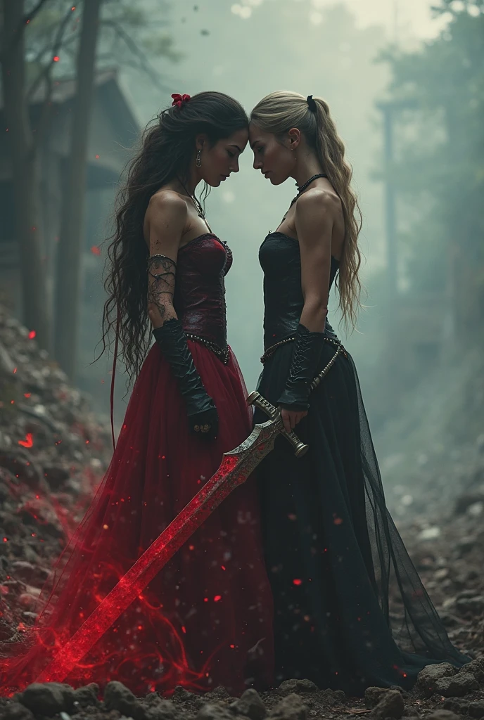 A beautiful girl with very very long blond hair and blue eyes. With a corset. Obok nie złą kobietę w czerwonej sukni i oczach. In black curls. And a knife in my hand.