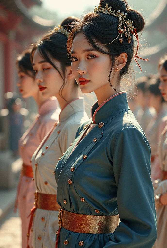 extremely detailed CG unity 8k wallpaper,masterpiece, best quality, ultra-detailed),(best illumination, best shadow, an extremely delicate and beautiful), floating, high saturation, dynamic angle, gorgeous, ningguang \(genshin impact\), red eyes, long hair , bangs, palace girls