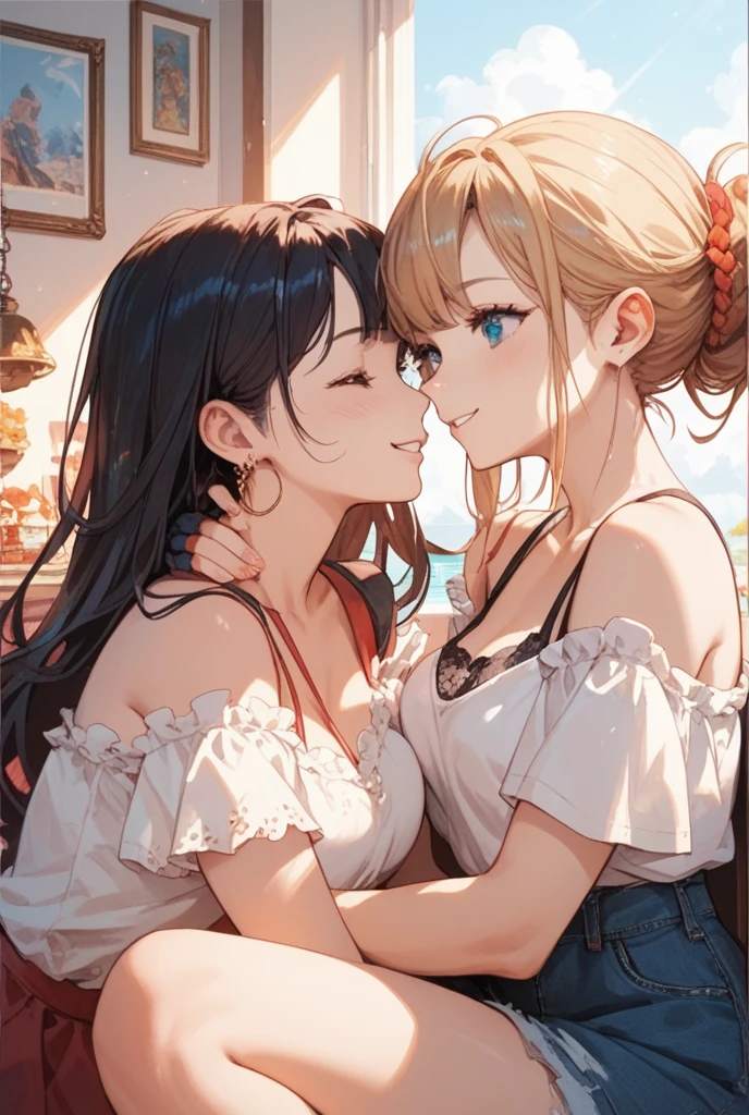 (high detail, high quality, best picture quality, masterpiece)　from above　at a long distance　in a rule of thirds composition　Two cute Girls　((Night sea))　((dark scenery))　((moon))　moonlit sea　(Backlight)　((The girl on the right is short and has a medium bust/Blue eyes/brown ponytail))　((The girl on the left is tall and has a large bust/Red eyes/purple hair/Princess Cut, long hair))　(Facing each other and holding hands)　(Place your other hand around the other persons waist)　(White or floral bikini)　shiny glossy iridescent clothes　shiny glossy latex gradient iridescent bikini　shiny reflective bikini　(((Close Face)))　((Face to Face))　((Kissing Soon))　Gazing at each other　On the brink of kissing　Embarrassed expression　Blushing　Half-Closed Eyes　Wet body　(Choker or pendant)　(Earrings or pierced earrings)　Alternating Breast Size　Bouncing Breasts　Dangling Breasts　bad fingers　bad hands　missing fingers　