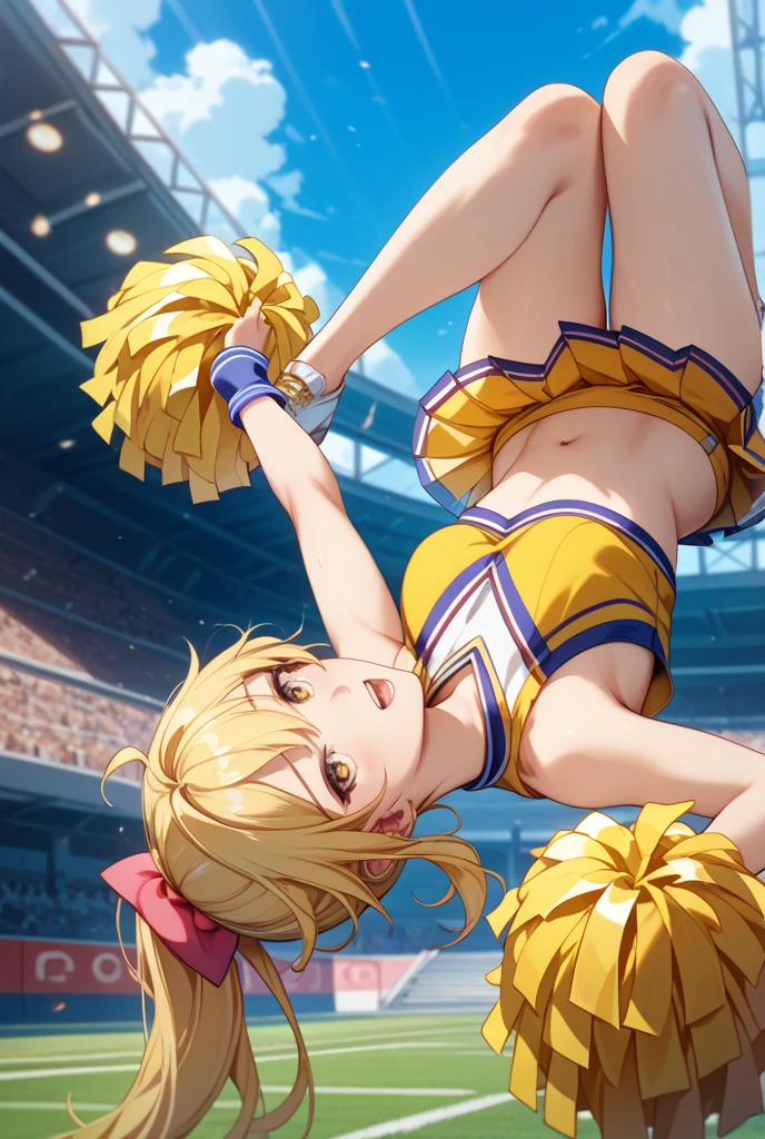 Cheerleader, dancing, crouching, stepping, showing armpits, raising legs, blonde twintails,