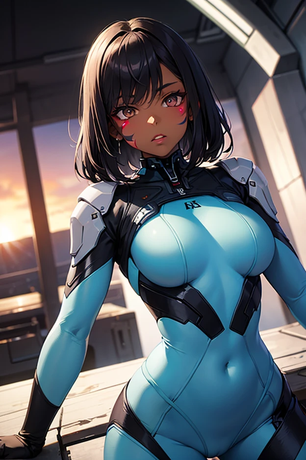 girl, With big breasts, with futuristic orange armor, orange eyes, for white, dark ebony skin