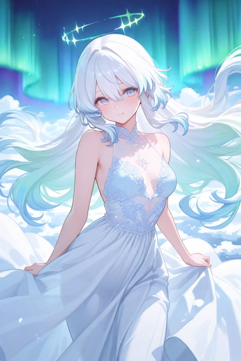 nature,,High cold beauty,But it's especially sticky to the main character,Ice and snow control
Long snow-white hair,Crystal blue eyes,Long blue off-the-shoulder dress,White lace,Hands on the skirt of the hem,light grin,Frozen,ice magic,girl,Medium build