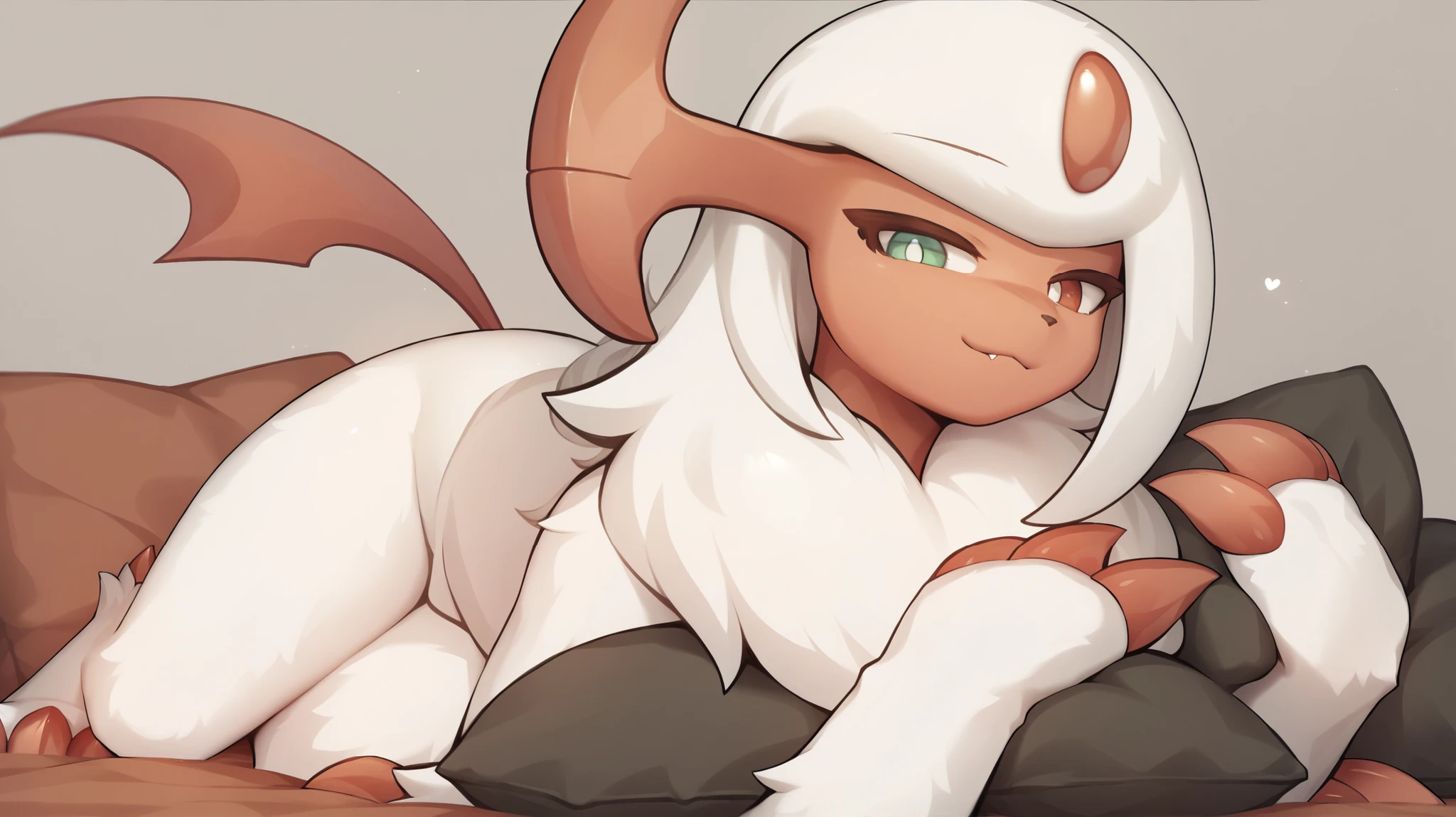 (((Change eye color to light green))), (alta qualidade, high resolution, obra prima), Pokemon \(criatura\), absol shiny/macho, Light red tail, pearl from the forehead light red, White body hair, olhos verde claro, pupilas brancas, light red facial skin, light red claws, Light red horns, pelo branco,  a lot of hair on her /, sozinho, quarto, dormindo, cama grande, hugged with a long pillow, Smile in the shape of 3,  expression, do autor: Zinfyu