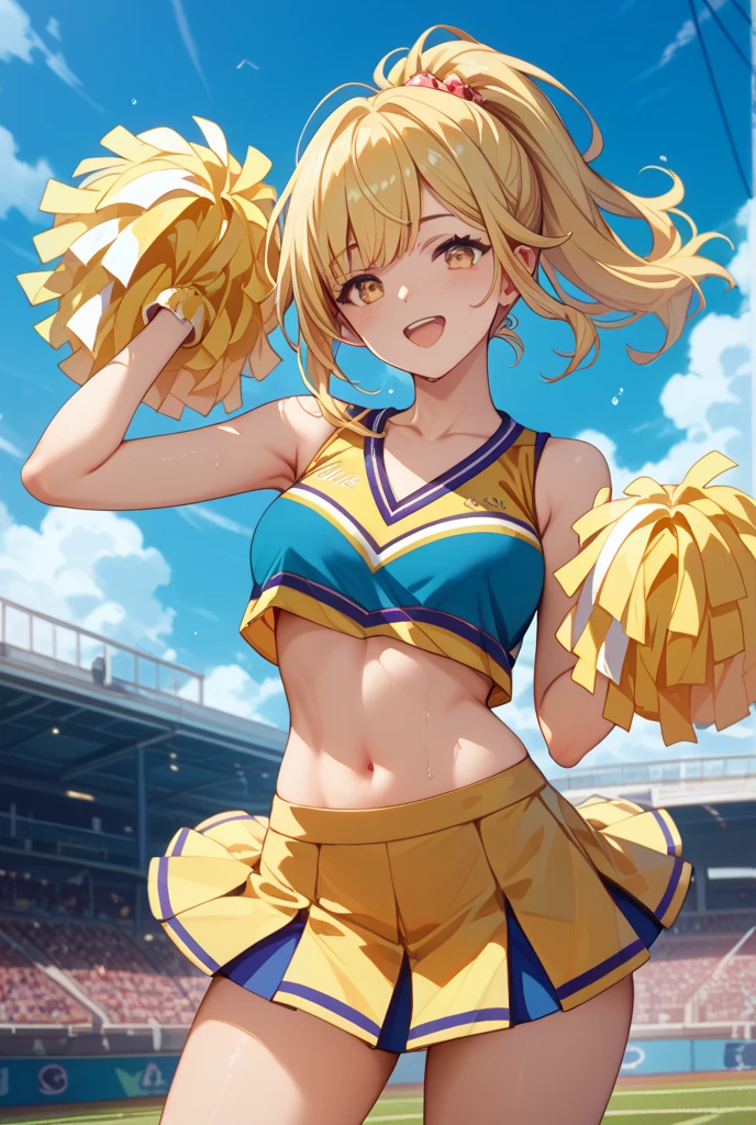 One woman,whole body,Big Breasts,Blonde,ponytail,Cheerleader,Belly button,sunny,Sweat